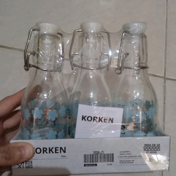 Ikea korken botol kecil kaca tutup kedap 3pc motif bunga 150ml mini bottle jus susu minyak